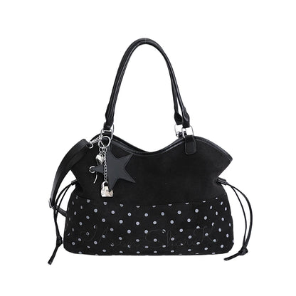 Vintage Polka Dot Tote Bag with Charm – Large Capacity