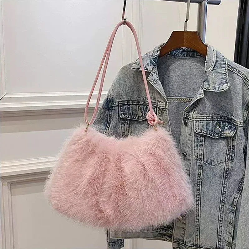 Faux Rabbit Fur Plush Shoulder Bag – Women's Luxury Tote