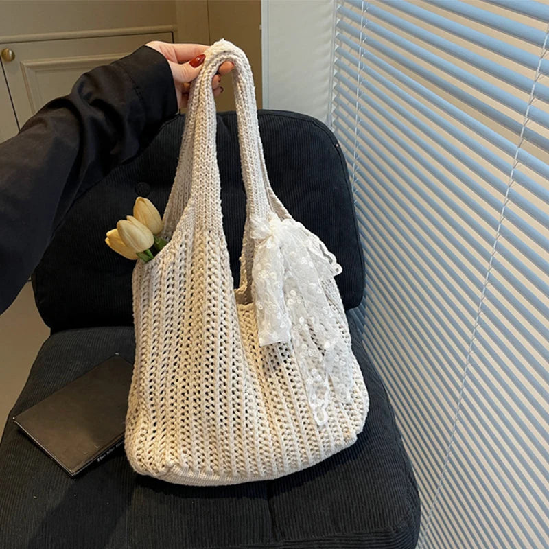 Lace Ribbon Woven Tote Bag – Bohemian Beach Shoulder Bag