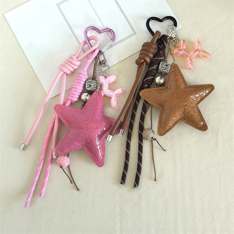 Bow Leather Charm Keychain with Braided Rope – Cute Bag Accessory