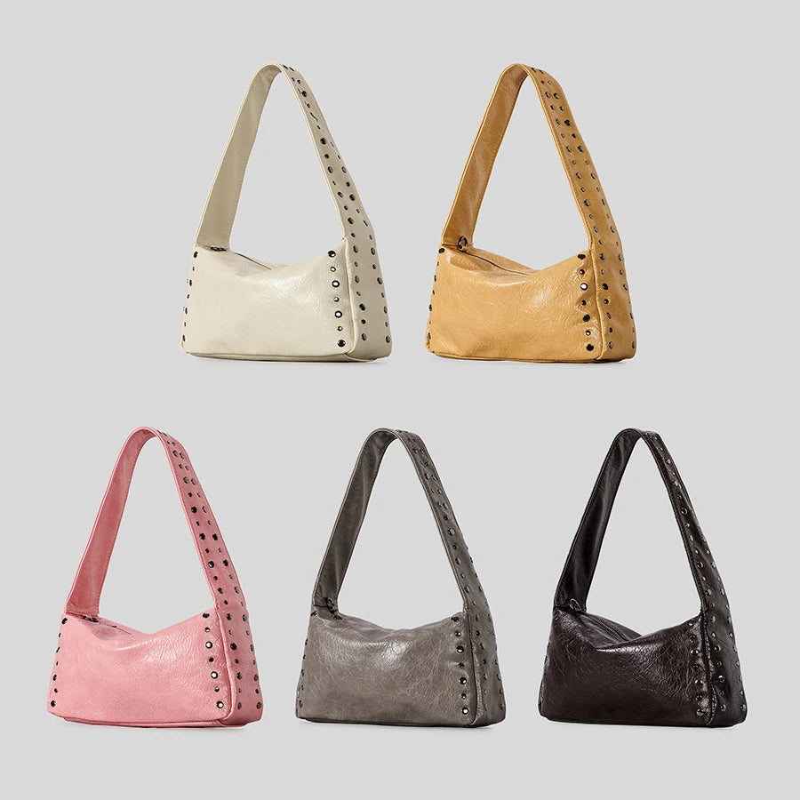 Vintage Rivet Women Shoulder Bags Motorcycle Style Underarm Bag Luxury Soft Pu Leather Crossbody