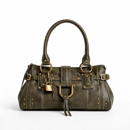 Retro Rivet Shoulder Bag with Padlock & Large Capacity