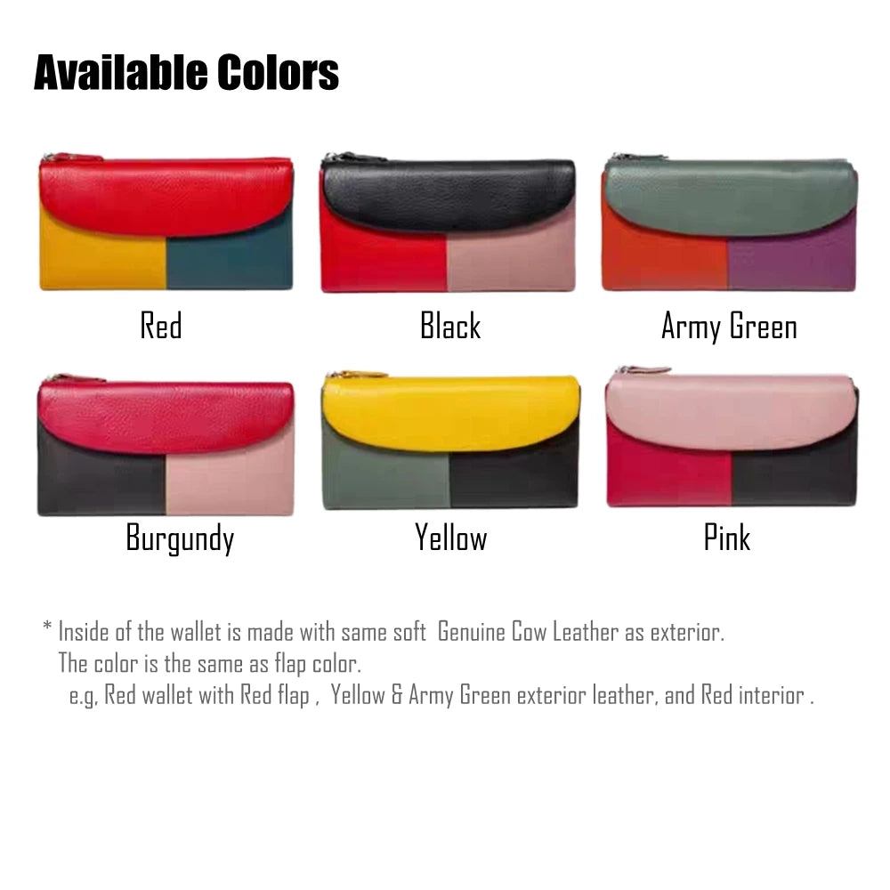 Genuine Leather Tri-Fold Long Wallet for Women – Patchwork Color-Block Purse