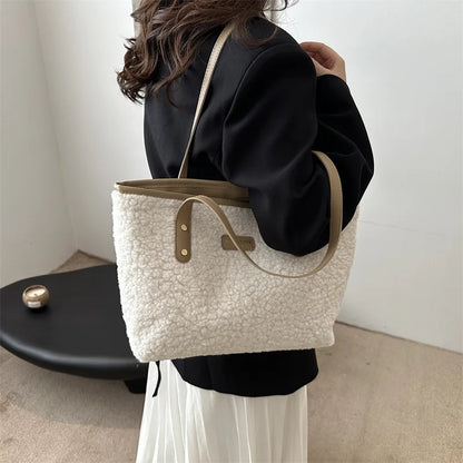 Lamb Wool Tote Bag – Women's Plush Shoulder Handbag