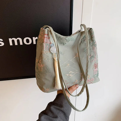 Chinese Retro Silk Jacquard Shoulder Bag for Women – Tassel Crossbody