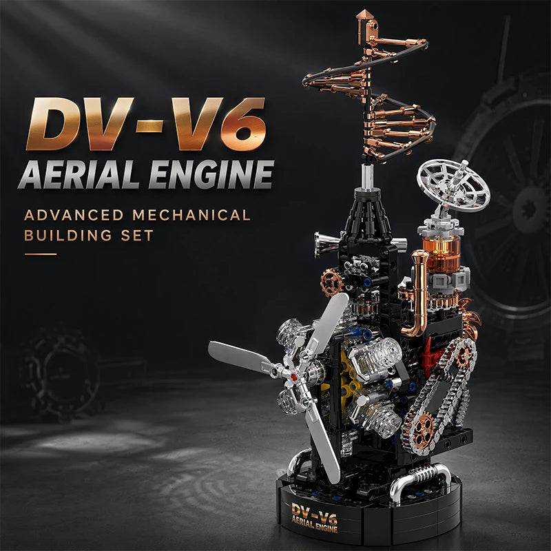 DV-V6 Aerial Engine MOC Building Block Set 707 Pcs Steampunk Motorized Model