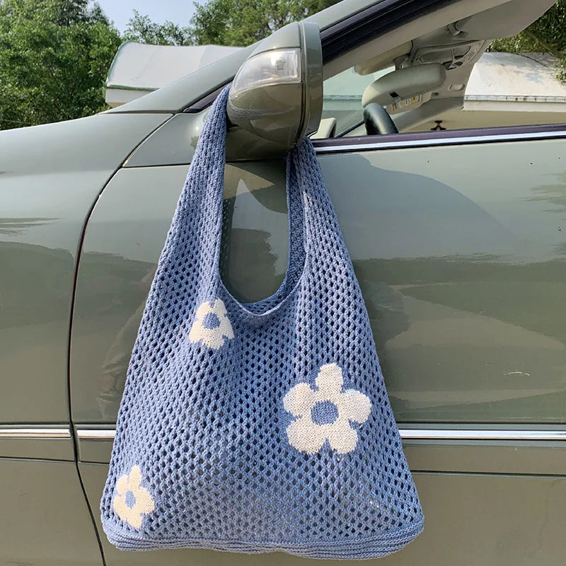 Flower Knit Hollow Tote Bag – Large Capacity Crochet Shoulder Bag for Women