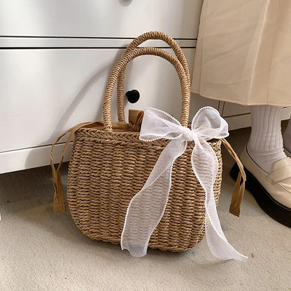 Straw Bucket Bag for Women – Handmade Bohemian Beach Tote
