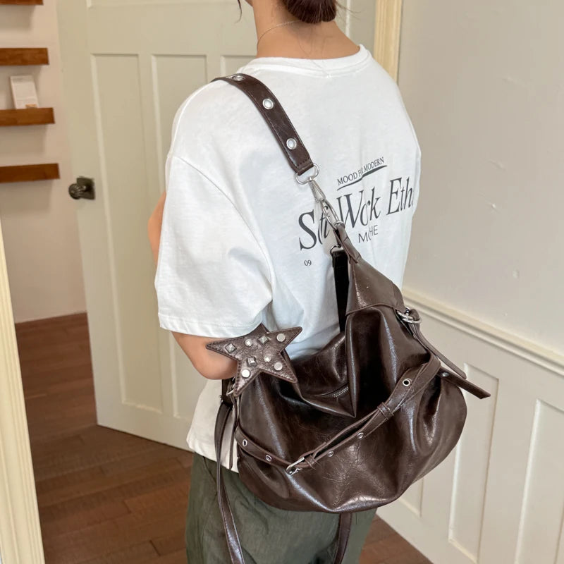 Moods Biker Style Shoulder Hobo Bags Women Soft Pu Leather Large Capacity Shopper Totes Rivets Decor
