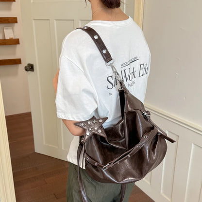 Moods Biker Style Shoulder Hobo Bags Women Soft Pu Leather Large Capacity Shopper Totes Rivets Decor
