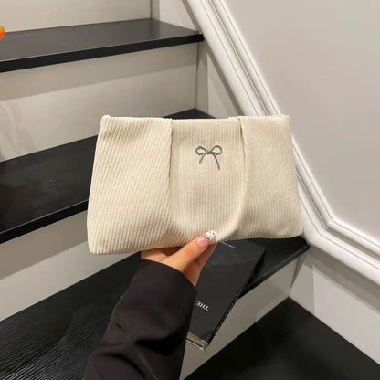 Bow Corduroy Cosmetic Bag Large Capacity Makeup Clutch Purse