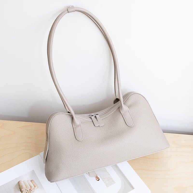 Genuine Leather Baguette Shoulder Bag – Women's Pebbled Hobo Tote