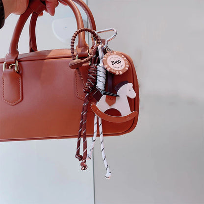 Leather Rocking Horse Bag Charm Keychain with Braided Rope & Poker Chip Pendant