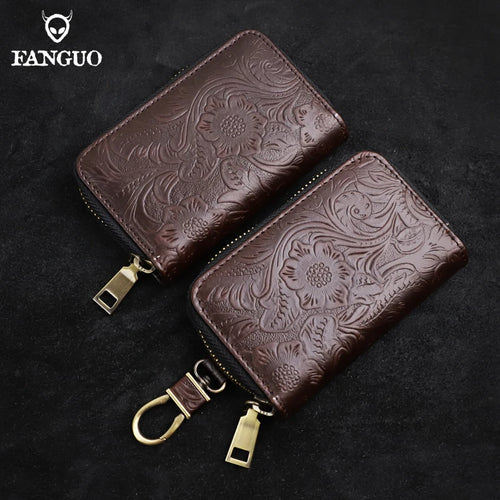 Genuine Leather Key Wallet – Floral Embossed Zipper Pouch with Card & Coin Slots