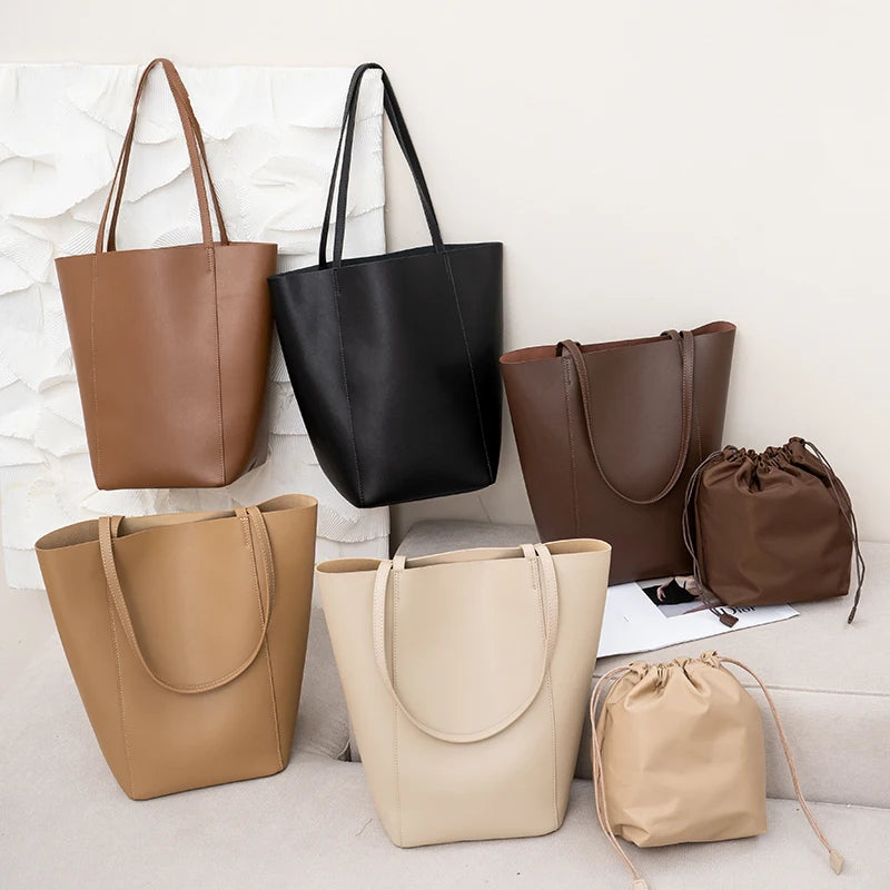 Genuine Leather Bucket Tote Bag for Women – Minimalist Large Capacity Shoulder Bag