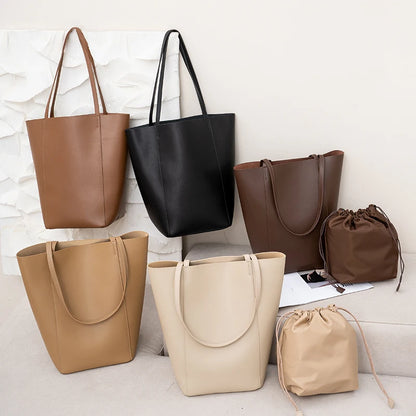 Genuine Leather Bucket Tote Bag for Women – Minimalist Large Capacity Shoulder Bag