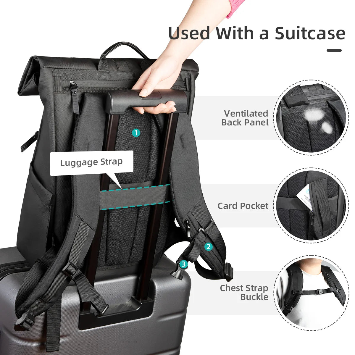 Roll-Top Travel Backpack for Men – Waterproof 15.6" Laptop Hiking Bag