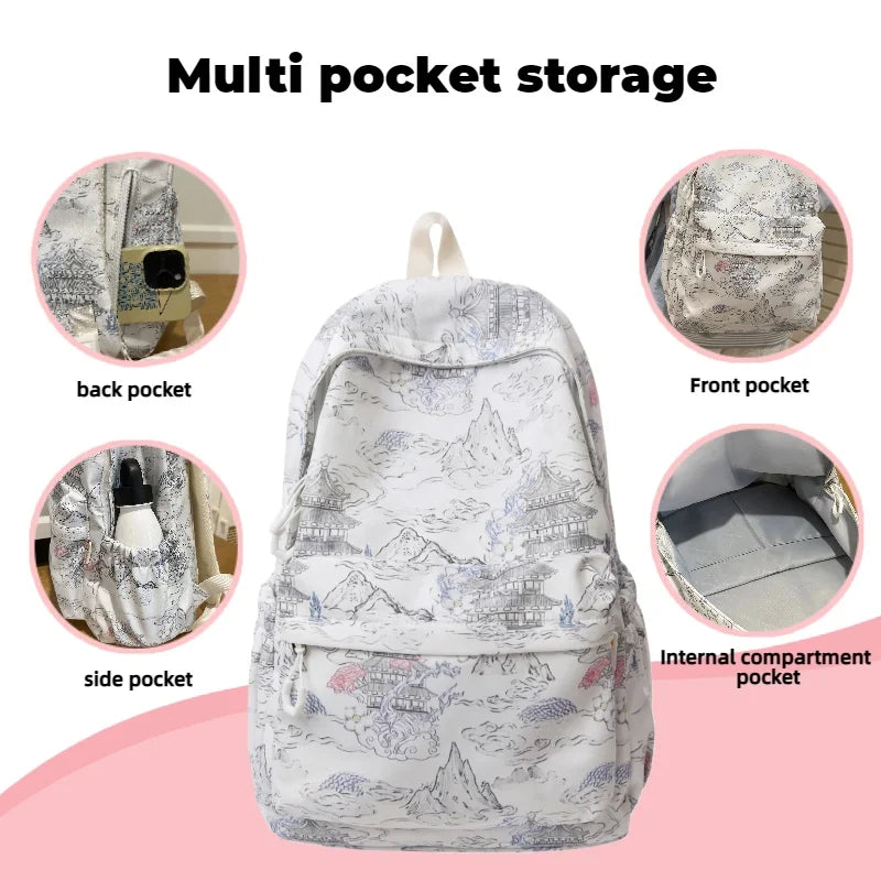 Chinese Ink Painting Backpack – Large Capacity Retro Student Bag