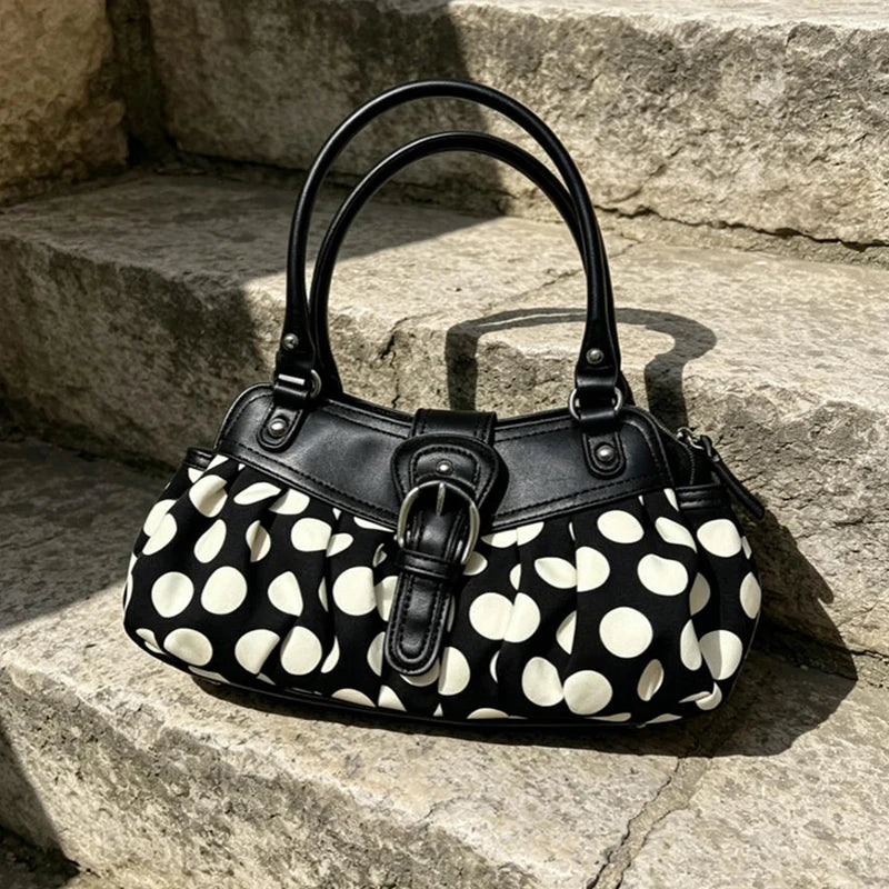 Polka Dot Shoulder Bag – Vintage Y2K Pleated Handbag with Belt Buckle