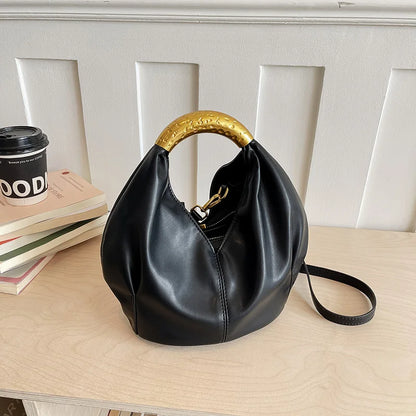 Moods Retro Gold Ring Handle Women Hobo Bag Soft Vegan Leather Shoulder Crossbody Purse Elegant