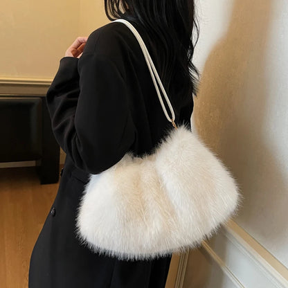 Faux Fur Plush Shoulder Bag – Women's Luxury Tote Handbag