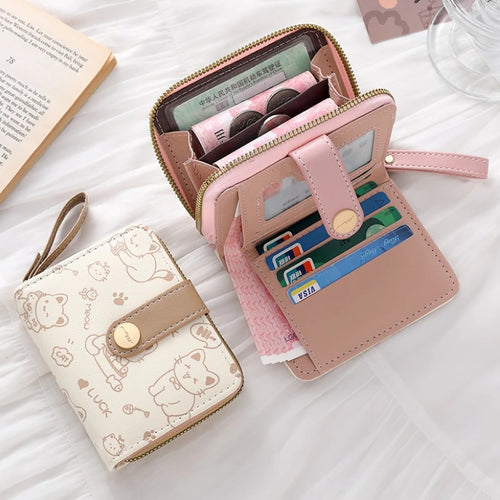 Cute Cat Print Short Wallet for Women – PU Leather Coin Purse
