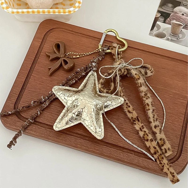 Leather Star Bag Pendant Keychain with Puppy Charm
