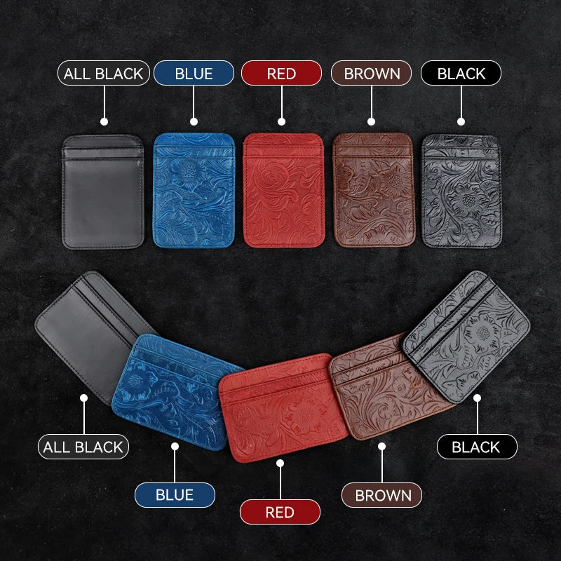 Genuine Leather Card Holder – Slim Floral Embossed Credit Card Wallet