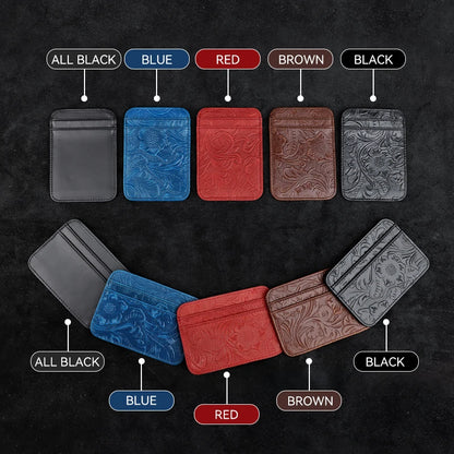 Genuine Leather Card Holder – Slim Floral Embossed Credit Card Wallet