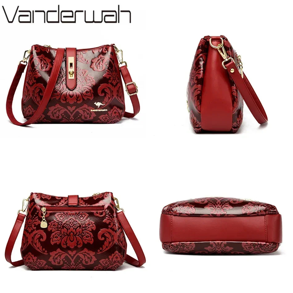 Floral Embossed Leather Women's Crossbody Shoulder Bag – 3-Layer Luxury