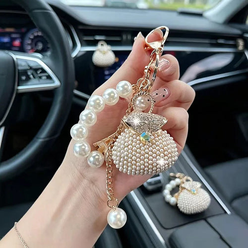 Crystal Rhinestone Keychain – Pearl Bead Handbag Charm Key Ring