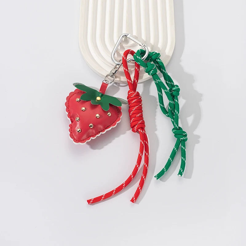 Strawberry Bag Charm Keychain – Leather Pendant & Rope Tassel