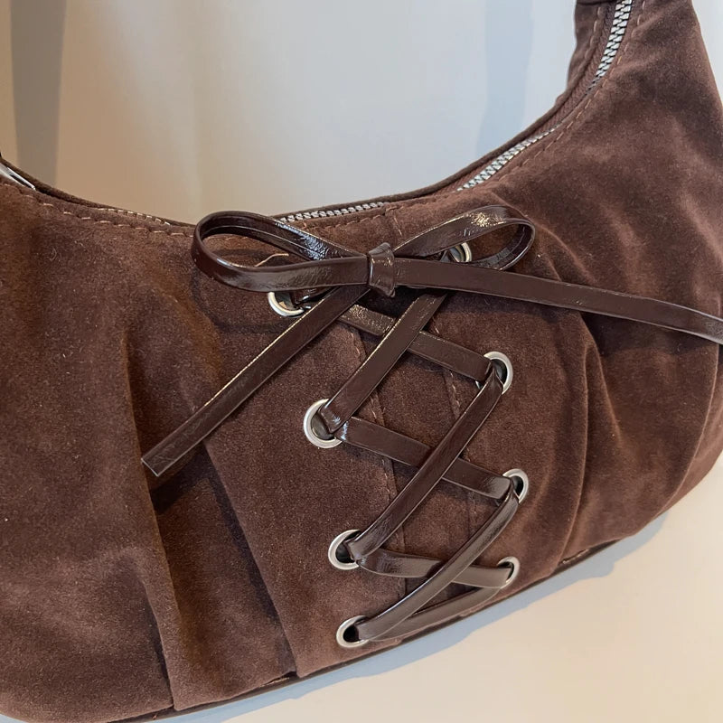 Moods Women Crescent Underarm Shoulder Bags Lacing Design Pu Suede Armpit Hobo Bag Winter Latest