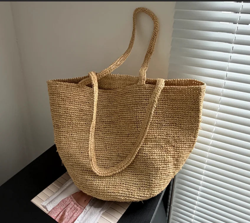Raffia Straw Tote Bag – Handwoven Women's Beach Shoulder Bag