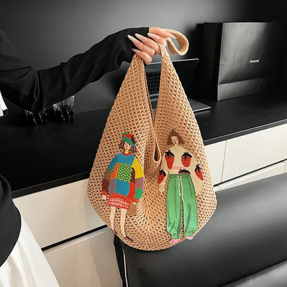Crochet Mesh Knit Shoulder Bag – Cartoon Tote Beach Bag for Women