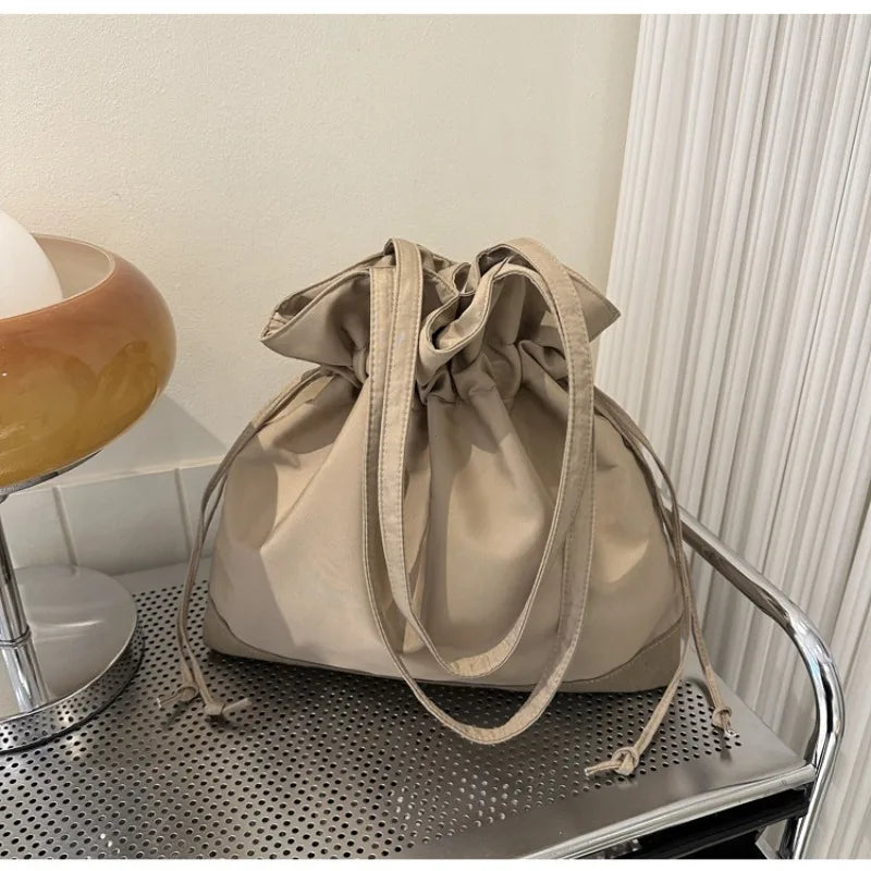 Large Nylon Bucket Bag Women's Casual Drawstring Shoulder Handbag
