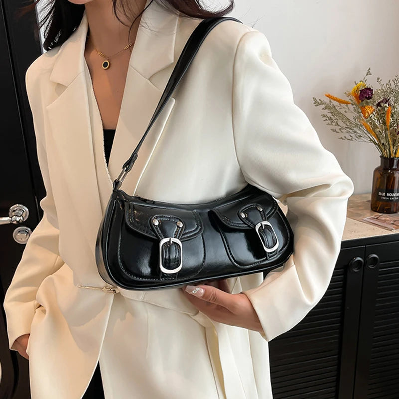 Women's Retro Leather Shoulder Bag with Buckle Detail