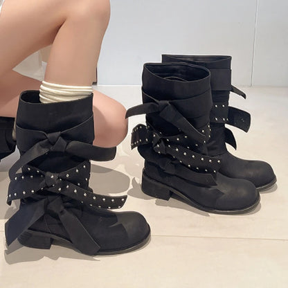 Punk Rivet Bow Mid-Calf Boots – Women's Block Heel British Style