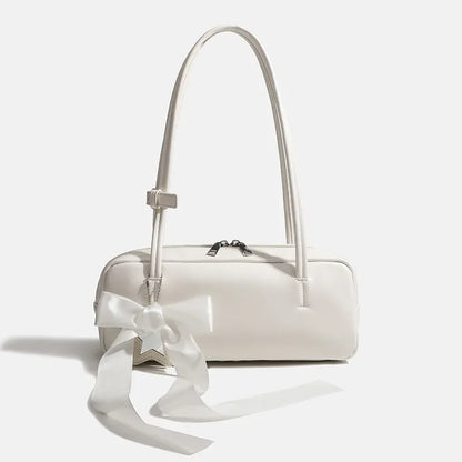 Bow Shoulder Bag Women's PU Leather Zipper Handbag with Star Charm