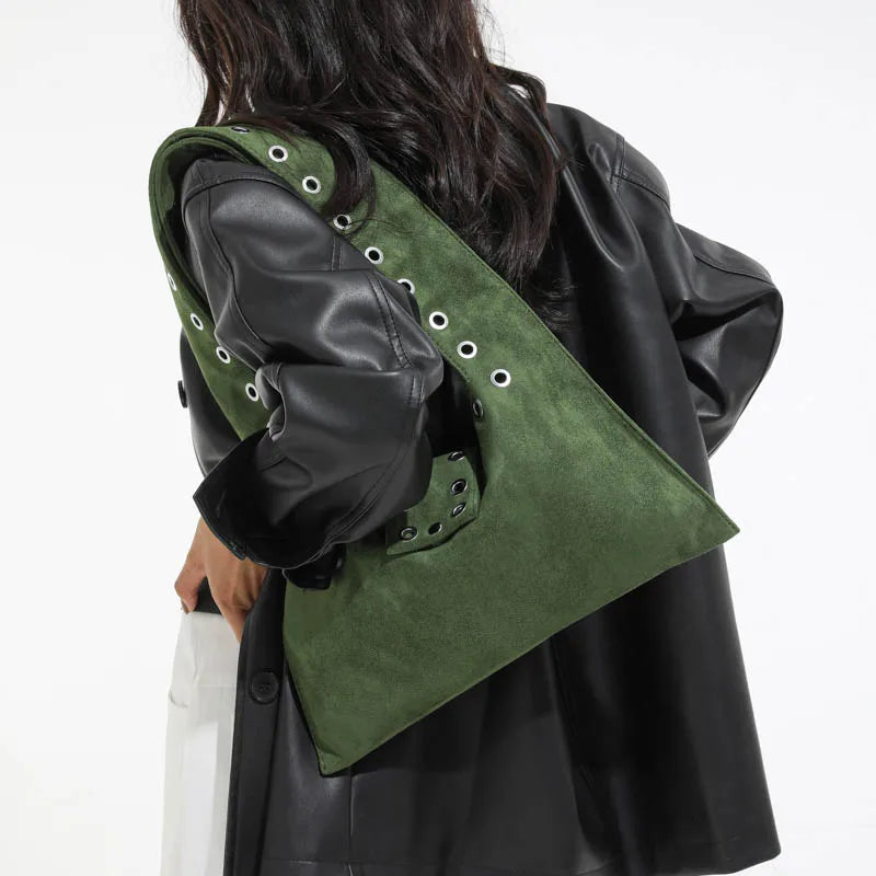 Suede Shoulder Bag – Women's Retro Hobo Bag with Eyelet Detail