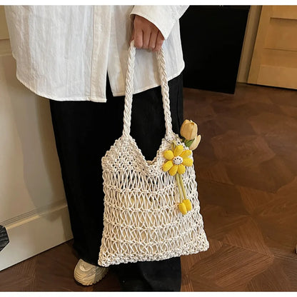 Straw Woven Hollow-Out Shoulder Bag with Flower Charm