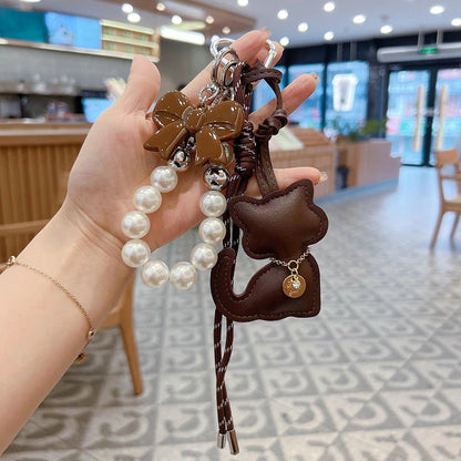 Cute Leather Cat Bag Charm Keychain with Pearl & Bowknot for Women