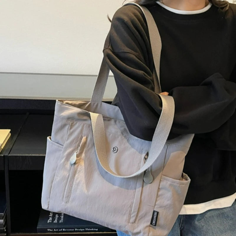 Large Canvas Tote Bag – Korean Style Multi-Pocket Shoulder Bag