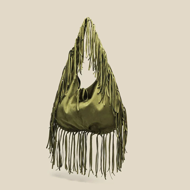 Vintage Suede Hobos Women Shoulder Bags Bohemian Tassel Handbags Large Capacity Tote Bag Autumn