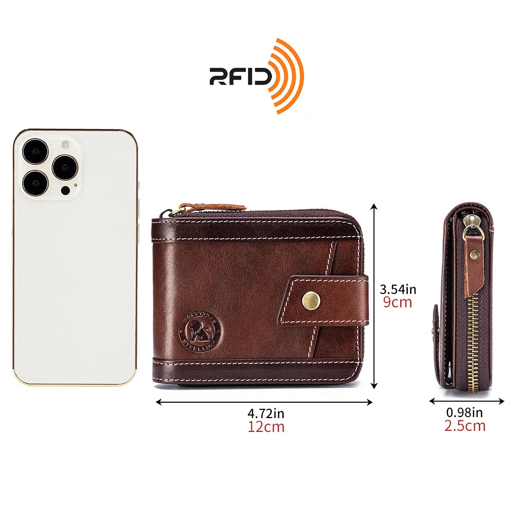 Men's Leather Zipper Wallet with Coin Purse & Card Slots