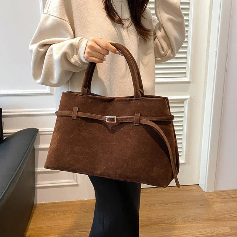 Faux Suede Tote Bag Large Capacity Buckle Handbag for Women