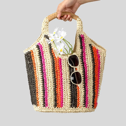 Casual Striped Straw Tote Bag Paper Woven Women Handbags Handmade Summer Beach Large Capacity Bali