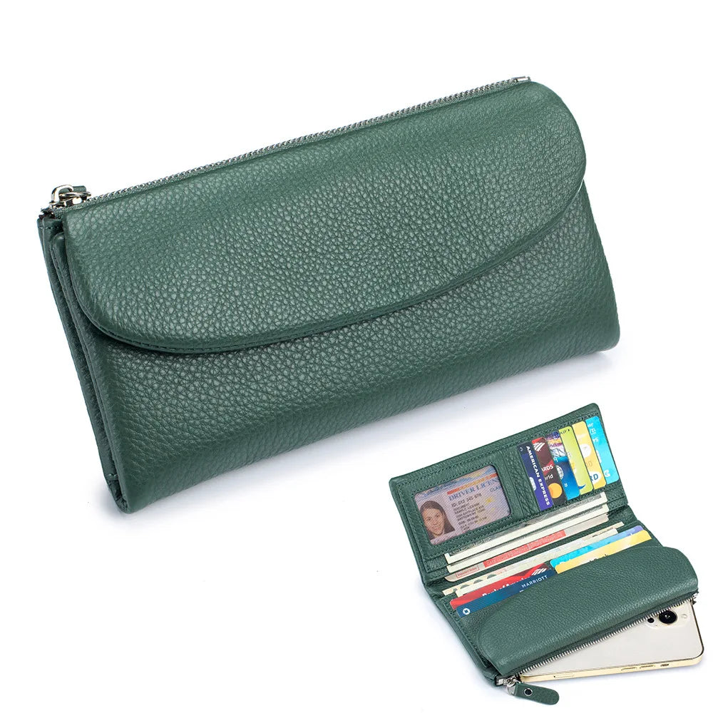Genuine Cowhide Long Wallet for Women – Magnetic Clutch