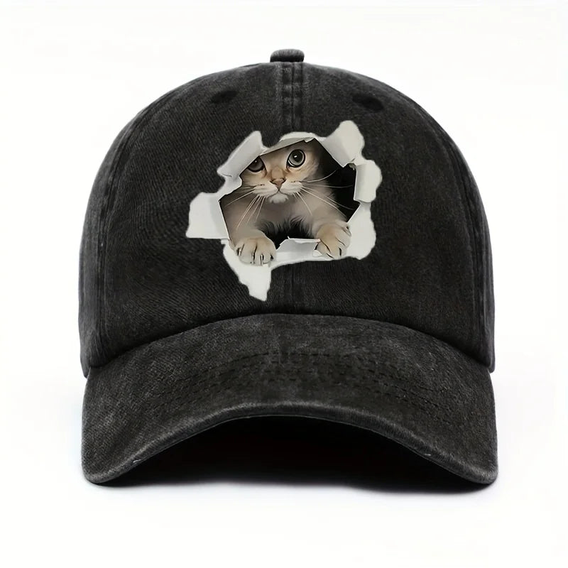 Cat Print Baseball Cap – Retro Washed Unisex Sun Hat