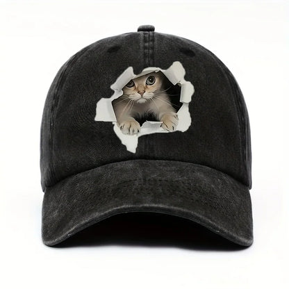 Cat Print Baseball Cap – Retro Washed Unisex Sun Hat
